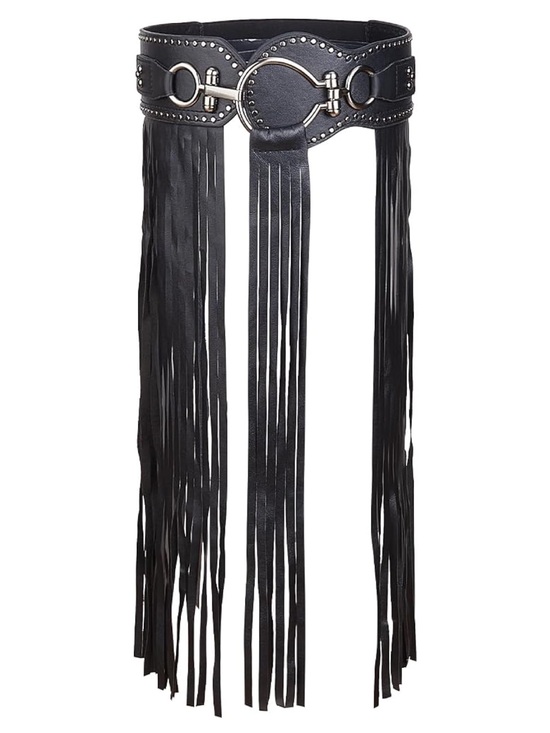 Fringed Black Leather Waist Belt with Silver Ring Accents main image 4